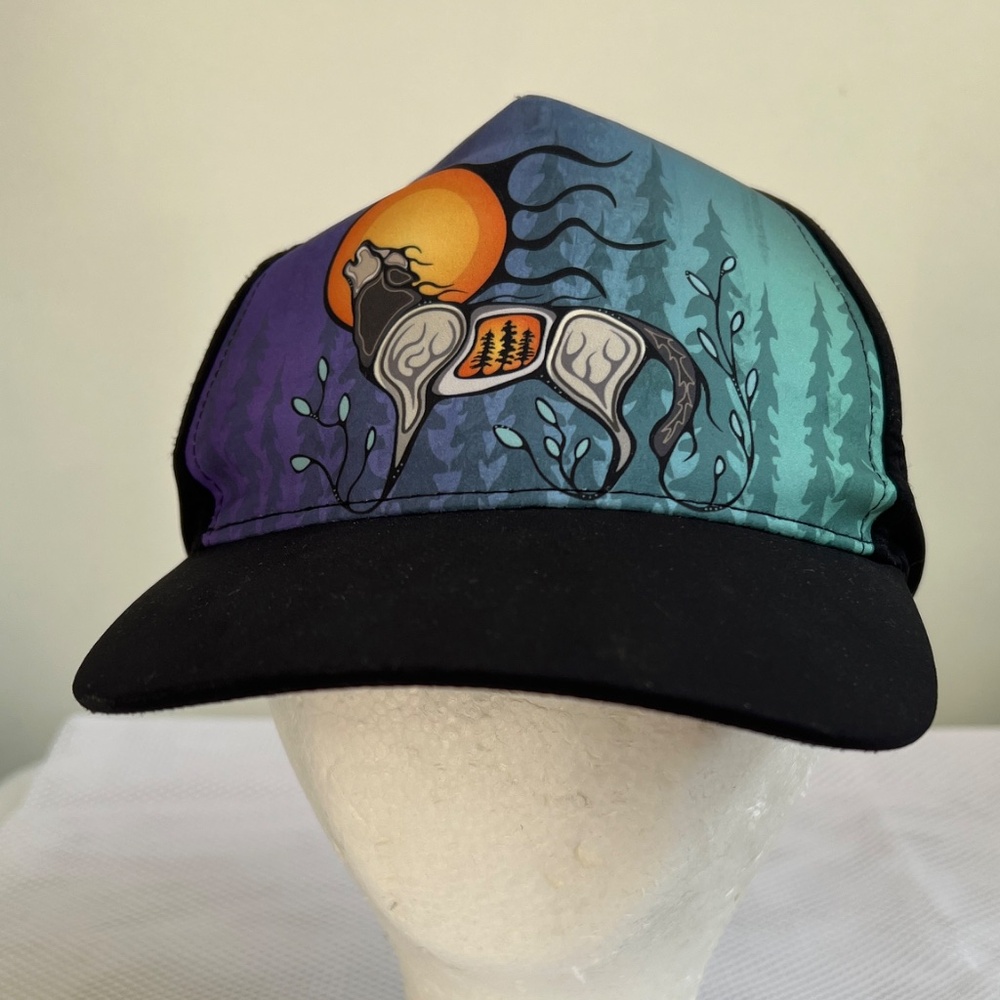 Native Northwest Cap Trucker Hat Black w. Wolf Howling at the Moon One Size